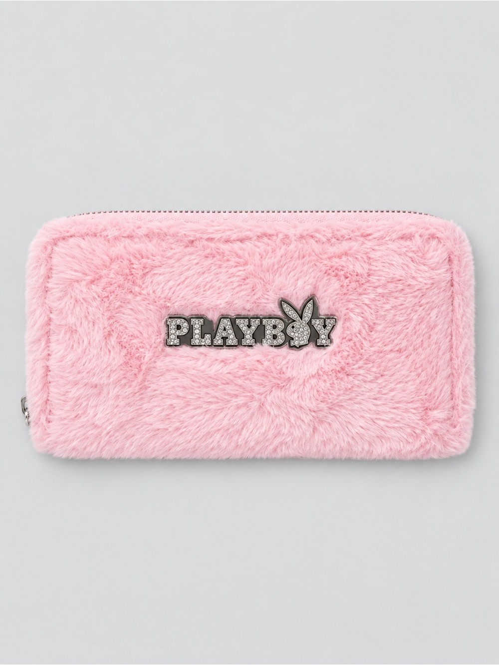 PLAYBOY Pink Fuzzy Zip Wallet with Rhinestone Logo